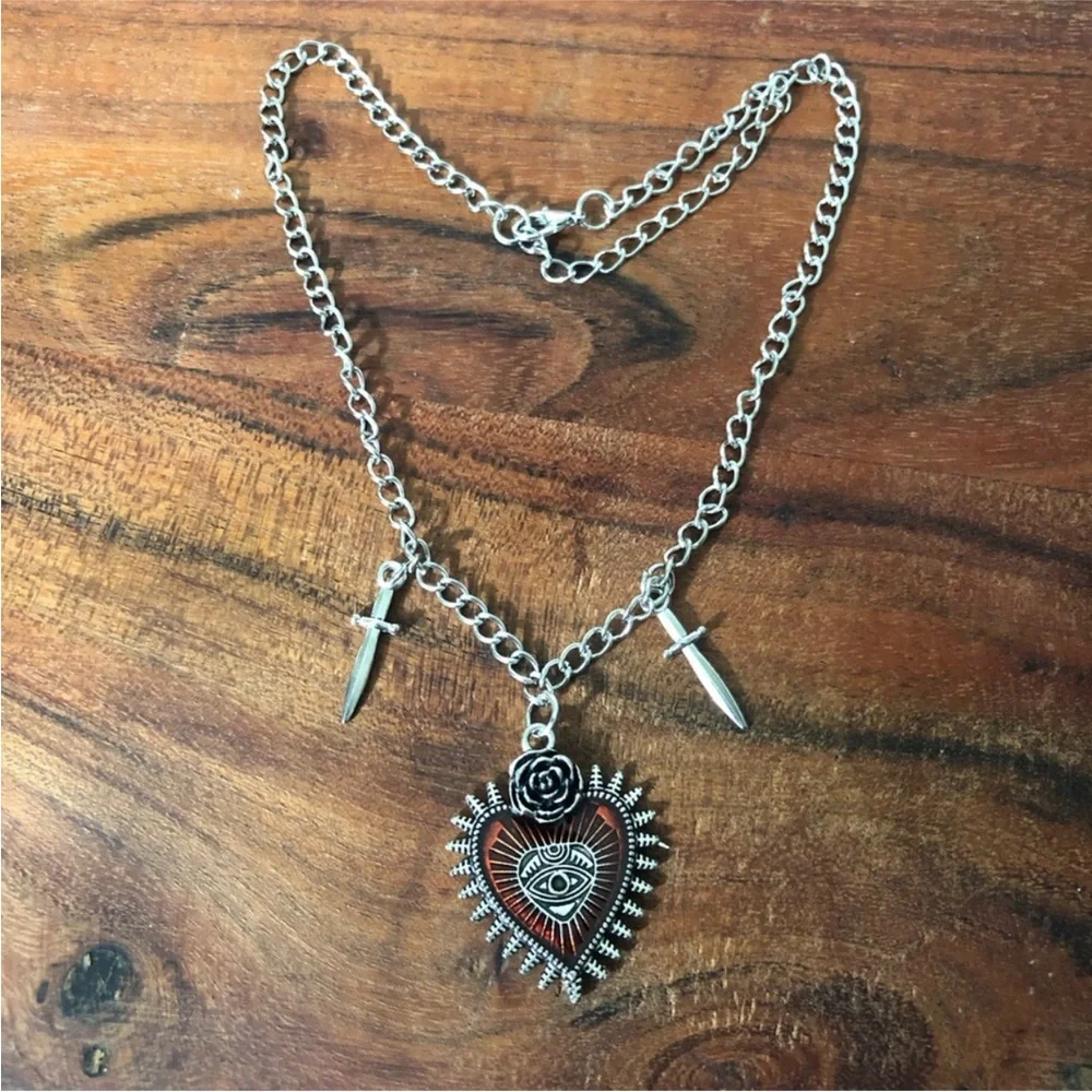 gothic silver-toned choker necklace red heart pendant Devil eye dagger charms. - Picture 3 of 9